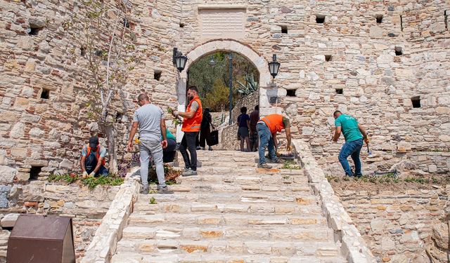 Kuşadası Belediyesi, Güvercinada Kalesi’nde peyzaj çalışmaları yapıyor