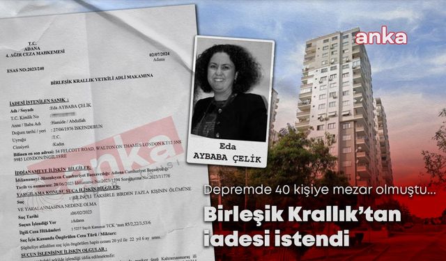 Depremde 40 kişiye mezar olan Sami Bey Apartmanı davasında, sanık Eda Aybaba Çelik'in Birleşik Krallık'tan iadesi istendi