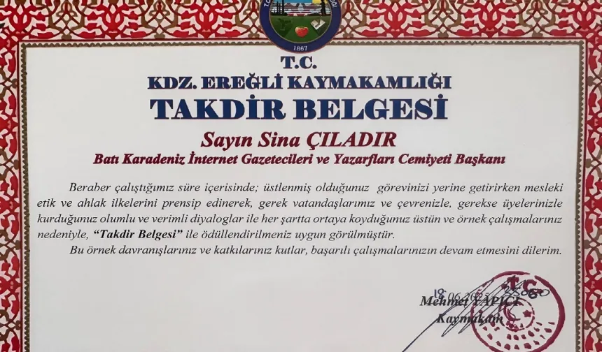 Kdz. Ereğli Kaymakamı’ndan BATİYAC Başkanı Çıladır’a takdir